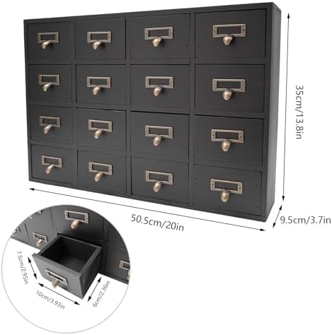 Apothecary Cabinet with 16 Drawers Card Catalog Cabinet, Library Card Catalog Drawer with Metal Handles & Label Slot Wooden Desk Drawer Organizer for Herb Storage, Tea Collection (Black)