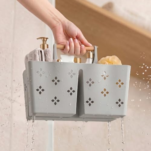GVY Portable Plastic Shower Caddy, Large Capacity Shower Basket with Handle, Divided Bathroom Toiletry Organizer, Quick-Drain Shower Caddy for College Dorm Beach Kitchen, Dark Grey