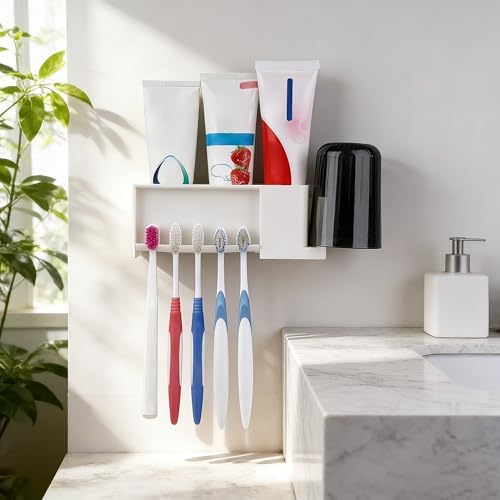 5 Slots Wall Mount Toothbrush Holder with Storage Box, Self Adhesive Toothbrush Storage Organizer for Shower, Toothpaste & Toothbrush Hanger for Bathroom, Medicine Cabinet, Dorm (White)