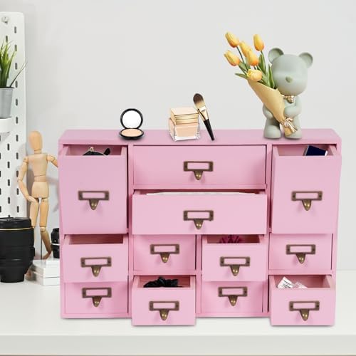 12 Drawers Apothecary Cabinet Library Card Catalog Cabinet Card Catalog Drawer with Metal Handles & Label Slot Wooden Desk Drawer Organizer for Herb Storage, Tea Collection (Pink)