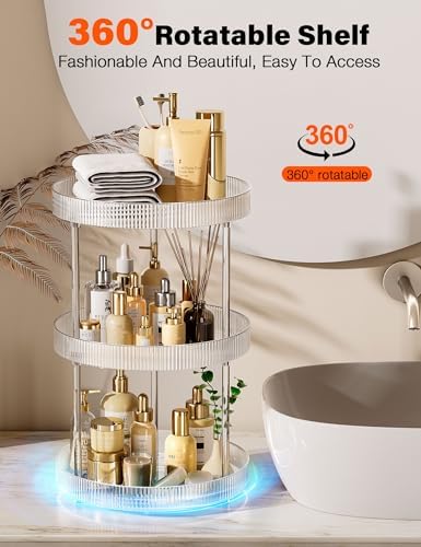 3 Tier Lazy Susan Bathroom Countertop Organizer, 360° Clear Rotating Makeup Cosmetic Perfume Storage Tray, Spinning Vanity Organizer Shelf for Bathroom Cabinet, Dresser, Kitchen(Large)
