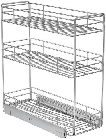 ROOMTEC 3-Tier Pull Out Cabinet Organizer for Narrow Cabinet (8.5" W X 20.5" D), Kitchen Cabinet Organizer and Storage Cabinet Pull Out Shelves Under Cabinet Storage for Kitchen, Chrome