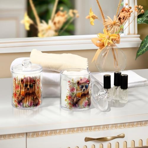 MNSRUU 2 Pack Qtip Holder Organizer Dispenser Animal Bears Pink Bathroom Storage Canister Cotton Ball Holder Bathroom Containers for Cotton Swabs/Pads/Floss