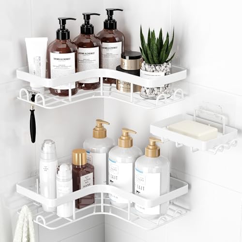 Sakugi Corner Shower Caddy, Large, 3-Pack, Soap Holder & Hooks, White
