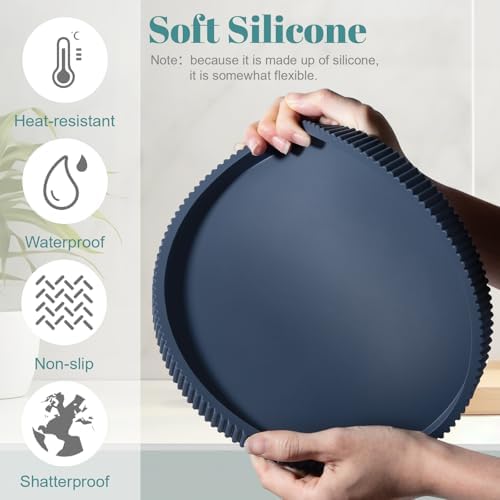 Silicone Bathroom Tray Round Perfume Tray Coffee Table Decor, 10" Dark Blue
