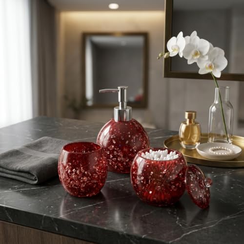 LUANT 3-Piece Resin Bathroom Accessory Set with Dispenser, Tumbler, Cotton Holder Red