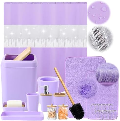 24PCS Bathroom Sets with Shower Curtain and Rugs,Bathroom Sets with Extra Soft and Absorbent Bath Rugs Purple Shower Curtain Set