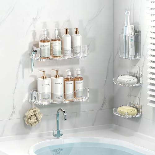 Clear Acrylic Shower Caddy Organizer Shelves, Adhesive Wall Storage 5-Pack