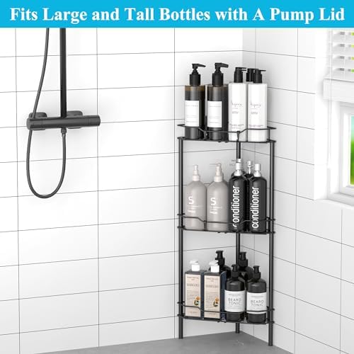 HuggieGems Metal Floor Standing Corner Shower Caddy, Black, 3 Tier