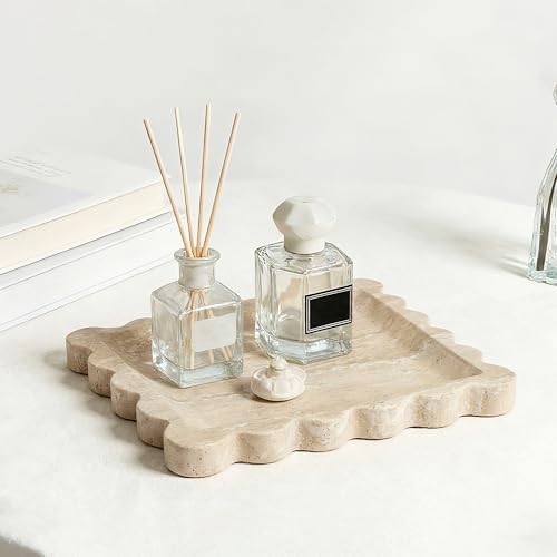 Scalloped Square Marble Decorative Tray, Natural Stone Vanity & Jewelry Tray, Trinket Organizer for Ring, Key, Dresser, Nightstand, Bathroom Counter & Kitchen Sink(Beige Travertine)