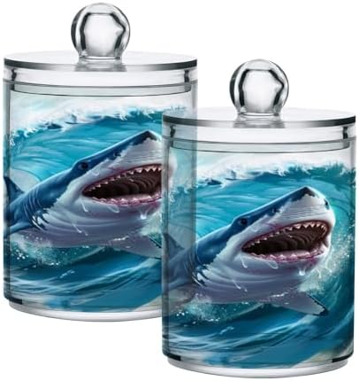 2 Pack Qtip Holder Organizer Dispenser Jumping Shark Blue Ocean Wave Bathroom Storage Canister Cotton Ball Holder Container for Cotton Pads/Swabs/Floss