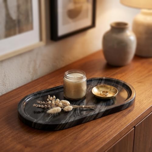 YKAJO Antique Wood Oval Marble Tray, 11.8x5.9 Vanity Perfume Organizer
