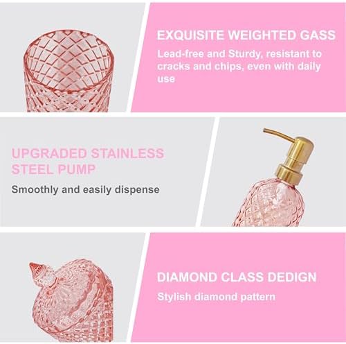 LaMarriti Pink Bathroom Accessories Set, 4Pcs Clear Glass Bathroom Set