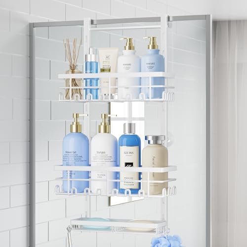 SWTYMIKI Over The Door Shower Caddy - 3 Tier Rustproof Hanging Shower Organizer with Adjustable Shelves, 28 Hooks & Soap Holder, Hanging Shower Rack Storage for Bathroom Accessories, White