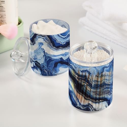 MNSRUU 2 Pack Qtip Holder Organizer Dispenser Blue Marbling Bathroom Storage Canister Cotton Ball Holder Bathroom Containers for Cotton Swabs/Pads/Floss