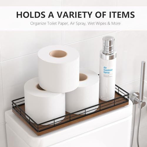 Toilet Paper Basket Organizer, Oak Wood Toilet Tank Tray with Metal Frame