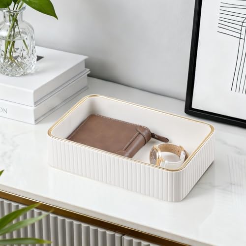 Desk Organizer Tray, PU Leather Nightstand Organizer, Ivory, Small