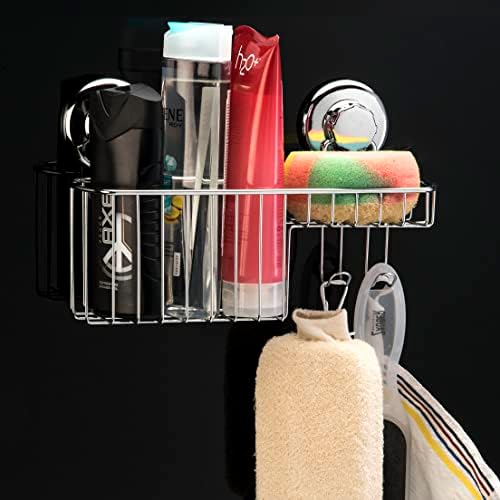 HASKO Shower Caddy Suction Cup, Shower Shelf with Soap Dish and Hooks Organizer, Suction Bathroom Shelf for Storage, Wall Mounted Basket (Polished Stainless Steel SS304)