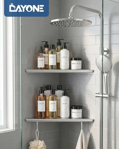 DAYONE Bathroom Corner Shower Shelf 2 Pack 12" Brushed Nickel, SUS304 Stainless Steel Slot Design Recessed Organizer Shelves with 2 Hooks and 2 Holes, for Tiled Wall