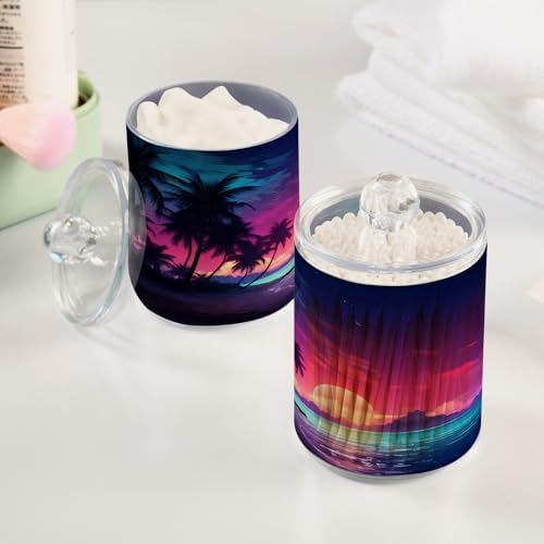 2 Pack Qtip Holder Organizer Dispenser Palm Tree Beach Tropical Bathroom Storage Canister Cotton Ball Holder Container for Cotton Pads/Swabs/Floss