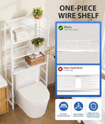 4-Tier Over The Toilet Storage Rack, Bathroom Organizer with One-Piece Metal Mesh Shelves, Over Toilet Shelf with Adjustable Feet & Anti-Tip Kit, Space-Saving Bathroom Storage, White