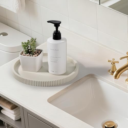 Silicone Bathroom Tray Round Perfume Tray Coffee Table Decor, 9" Beige