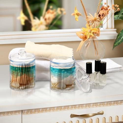 2 Pack Sea Beach Starfish Qtip Holder Dispenser with Lid, 14 oz Clear Plastic Apothecary Jar Set for Bathroom Vanity Organizers Storage Containers