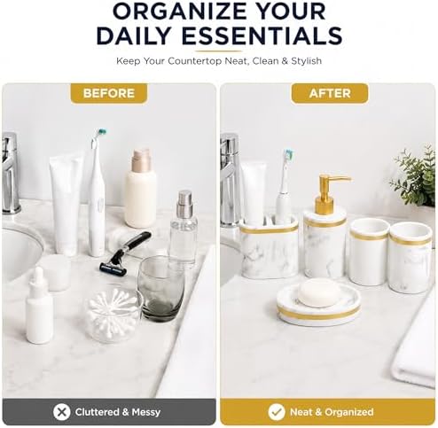 5-Piece Bathroom Counter Top Accessory Set - Dispenser for Liquid Soap or Lotion, Soap Dish, 2 Tumblers and Toothbrush Holder, Marble Pattern Resin (Classic White)