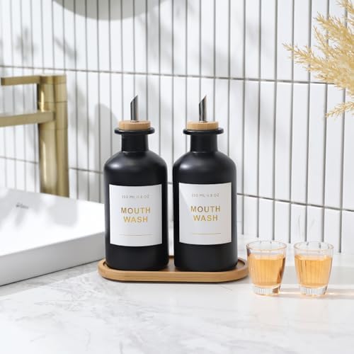11.8OZ Glass Mouthwash Dispenser, Set of 2, Black