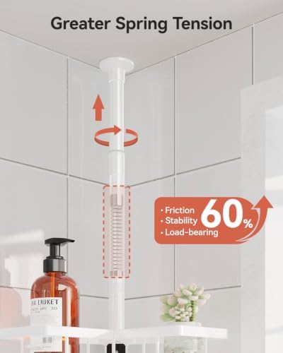 YASONIC Corner Shower Caddy Tension Pole, 25.7-109.1in Adjustable Shower Shelves, Rust-Resistant Shower Organizer, No-Drill 3-Step Installation, Bathroom Shelves for Renters & Family, White