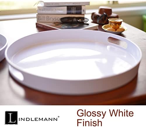 White Serving Tray Large Melamine Platter Round Breakfast Trays with Handles for Coffee Table Ottoman Living Room Home Décor Holiday Celebration & Party (17")
