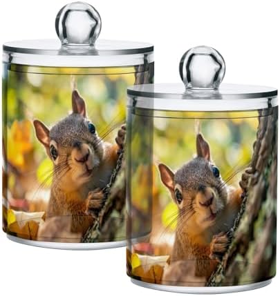 Squirrel Peeking Pattern Qtip Holder 2 Pack - 10 Oz Clear Plastic Apothecary Jar Set for Bathroom Organization - Versatile Canister Storage for Cotton Balls, Swabs, Rounds