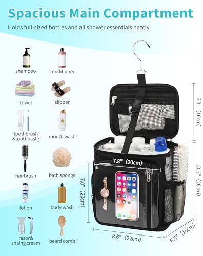 CUBETASTIC Hanging Shower Caddy Portable Bag - Quick Dry Shower Tote for Dorm College Essentials, Water-Resistant Travel Toiletry Bag with Separate Compartment & Multiple Pockets (Black, M)