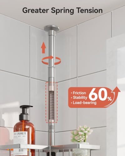 YASONIC Corner Shower Caddy Tension Pole, 25.7-109.1in Adjustable Shower Shelves, Rust-Resistant Shower Organizer, No-Drill 3-Step Installation, Bathroom Shelves for Renters & Family, Silver