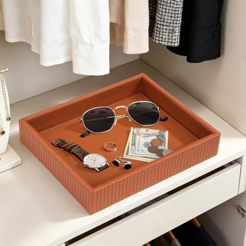 HofferRuffer Faux Leather Vanity Tray, Elegant Desktop Storage Organizer, Decorative Catchall for Perfume, Bathroom Valet, Nightstand or Dresser, 10.2 x 8.4 x 1.8 inches (Brown Stripe)
