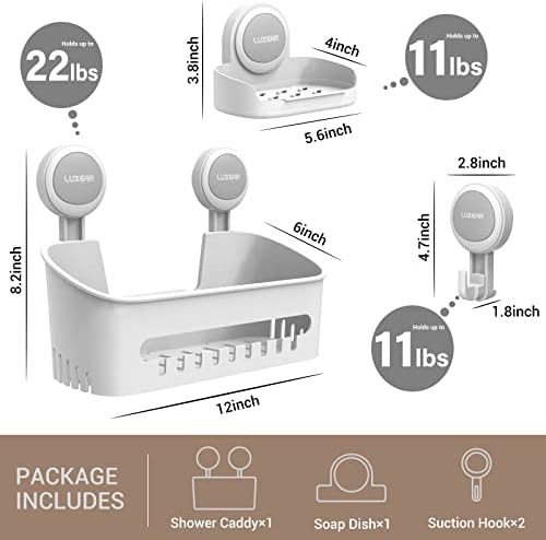LUXEAR 4 Pack Shower Caddy Set - Suction Cup Shower Shelf+Soap Dish+Hooks - 1 Sec Installation NO-Drill Removable Powerful Waterproof Organizer for Bathroom/Kitchen/RV 22LBS Capacity Removable
