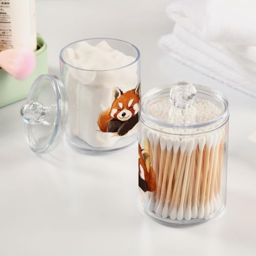 Fustylead 2 Pack Sleepy Cute Red Panda Plastic Apothecary Jars with Lid, Bathroom Vanity Storage Organizer Canister for Qtip, Cotton Ball, Swab, Round Pads, Floss