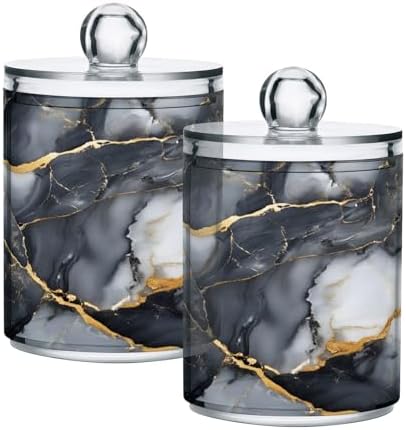 MNSRUU 2 Pack Qtip Holder Organizer Dispenser Abstract Black White Gold Marble Bathroom Storage Canister Plastic Cotton Ball Holder Bathroom Containers for Cotton Swabs/Pads/Floss