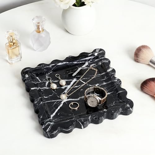 Scalloped Square Marble Decorative Tray, Natural Stone Vanity & Jewelry Tray, Trinket Organizer for Ring, Key, Dresser, Nightstand, Bathroom Counter & Kitchen Sink(Black)