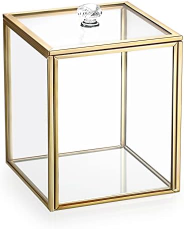 Hipiwe Gold Glass Vanity Box Vintage Apothecary Jars with Lids Cotton Pad Dispenser Qtip Holder Cotton Ball Swab Round Organizer Bathroom Canister Storage Jar for Q-tip, 3.9" L x 3.9" W x 4.7" H