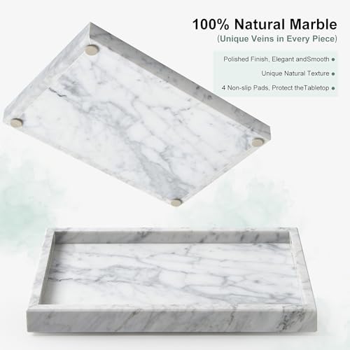 Natural Large Marble Vanity Tray, Stone Organizer for Bathroom & Kitchen