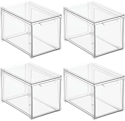 mDesign Plastic Stackable Bathroom Storage with Pull Out Bin Organizer Drawer for Cabinet, Vanity, Shelf, Cupboard, Cabinet, or Closet Organization - Lumiere Collection - 4 Pack - Clear