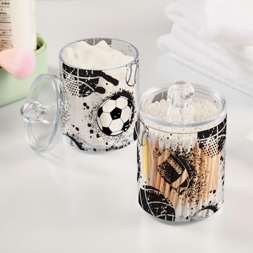 Football Soccer Themed Qtip Holder 2 Pack - 10 Oz Clear Plastic Apothecary Jar Set for Bathroom Organization - Versatile Canister Storage for Cotton Balls, Swabs, Rounds