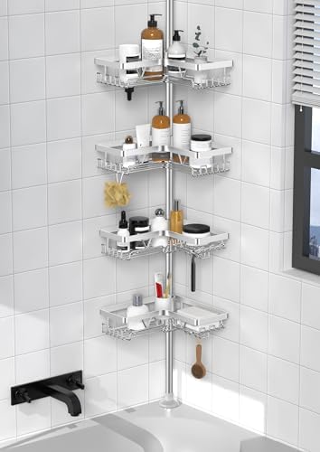 KEGII SUS304 Corner Shower Organizer, Tension Pole Bathtub Caddy, Silver