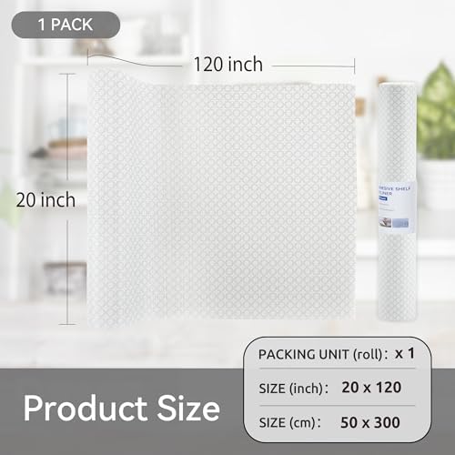 FIFTY FEET 20"x120" Non-Adhesive Shelf Liner for Kitchen Cabinets and Drawers, Washable Non-Slip PVC Cabinet Liner (White Circle)(1 Roll)