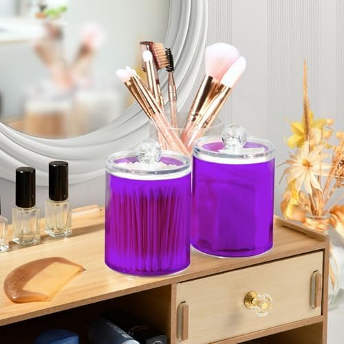 Gredecor 4 Pack Purple Qtip Holder Organizer Dispenser Clear Bathroom Storage Canister Cotton Ball Holder Bathroom Containers for Cotton Swabs/Pads/Floss
