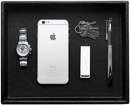 HofferRuffer Faux Leather Vanity Tray, Elegant Desktop Storage Organizer, Decorative Catchall for Perfume, Bathroom Valet, Nightstand or Dresser, Black, 10.2 x 8.4 x 1.8 Inches