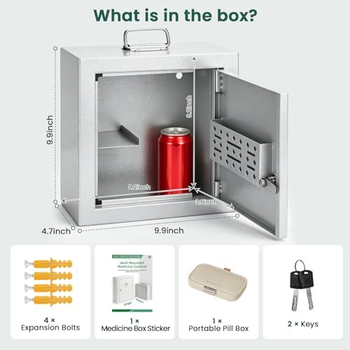 Lockable Wall-Mounted Medicine Cabinet with Key, Metal Medicine Organizer for Bathroom,Featuring Interior Shelf & Door Storage,Portable First Aid Cabinet with Top Handle,Weekly Pill Organizer Included