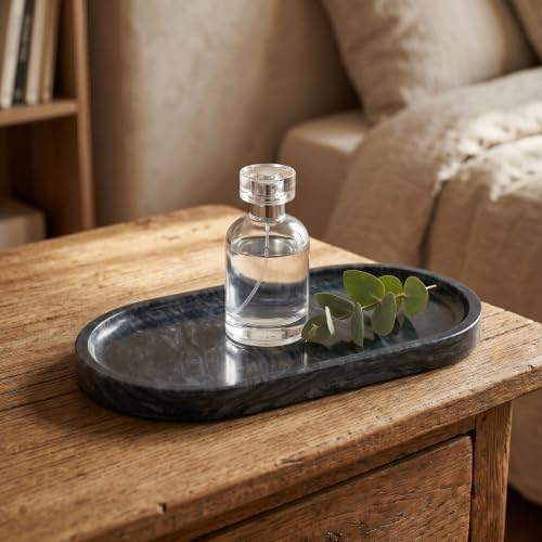 YKAJO Wave Grey Oval Marble Tray, 9.8x4.7 Vanity Perfume Organizer Dish