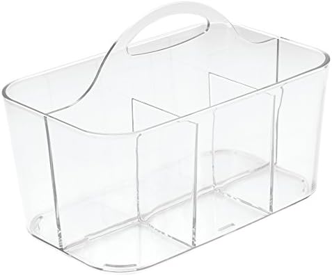 mDesign Small Plastic Shower/Bath Storage Organizer Caddy Tote with Handle for Dorm, Shelf, Cabinet - Hold Soap, Shampoo, Conditioner, Combs, Brushes, Lumiere Collection, Clear